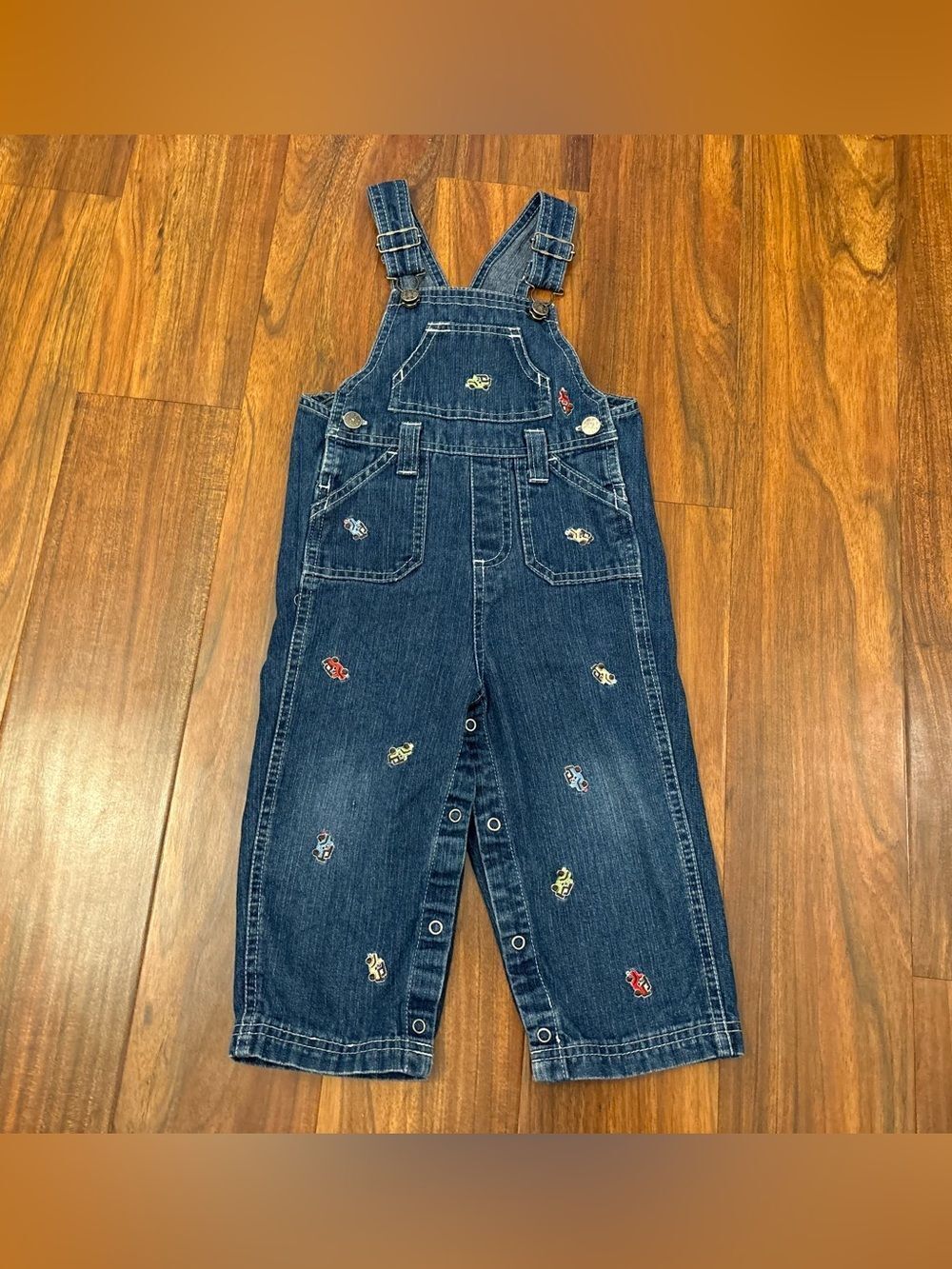 BT Kids vintage/y2k denim embroidered cars overalls